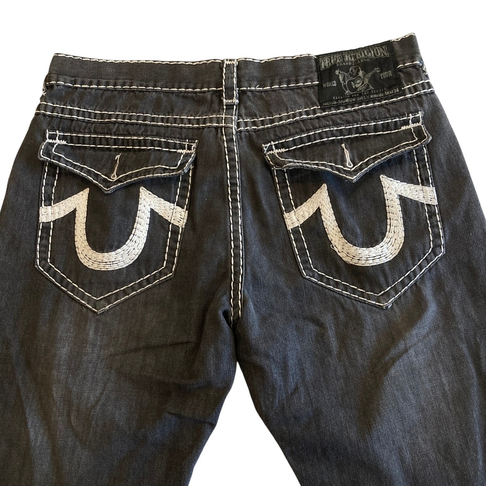 True Religion Jeans Men 40x26 Billy Super T Black Thick Stitch Raw Hem *BUTTONS*